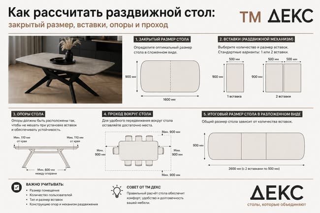 Как рассчитать раздвижной стол Как рассчитать раздвижной стол: закрытый размер, вставки, опоры и проход